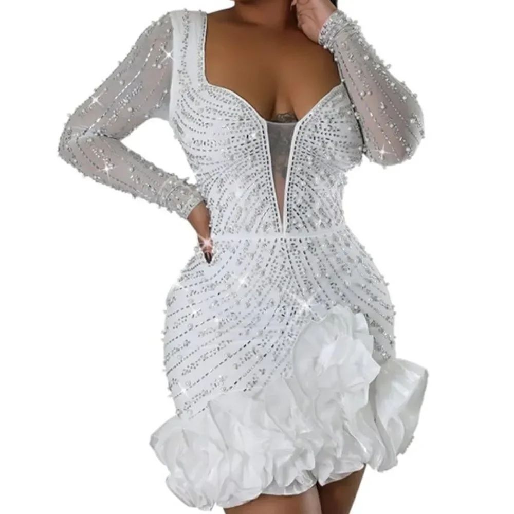 Short White Sparkly BodyCon Party Dress Long Sleeve Ruffle Hem Size L NWOT